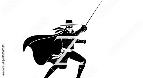 Heroic figure with sword and cape silhouette against white background