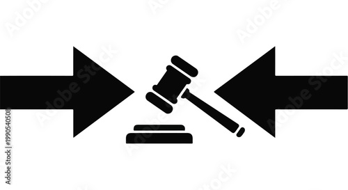 Mediation negotiation justice concept with gavel and opposing arrows in black and white illustration for law legal dispute resolution