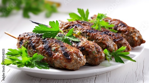 Photorealistic Grilled Kofta Kebab Skewers with Fresh Parsley on Rustic Whitewashed Wood Surface in Bright Natural Mediterranean Food Photography