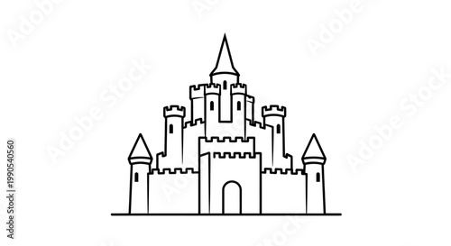 Line art illustration of a medieval castle with towers and battlements