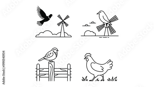 Line Art of farm creatures & structures: A collection of charming line art illustrations showcasing farm life. Featuring birds, windmills, and a fence. Clean, modern, and perfect for design projects.