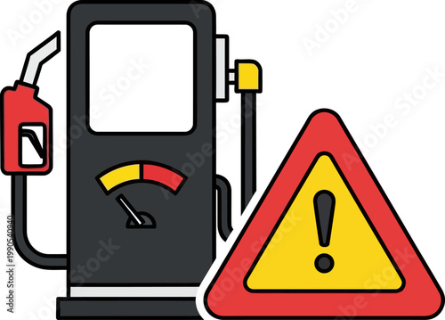 Gas Station Fuel Pump with Empty Tank Gauge and Warning Sign Icon