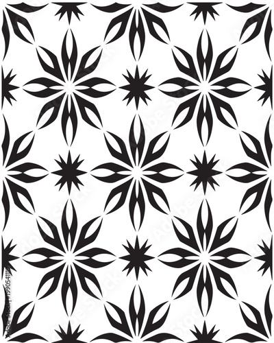 A repeating seamless pattern featuring black floral shapes on a simple white background design