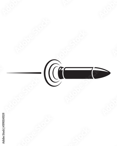 A high contrast black and white graphic illustration of a single bullet in rapid forward motion