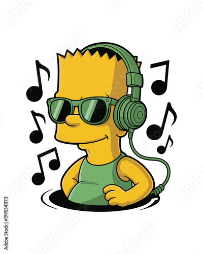 A cool cartoon character wearing green sunglasses and headphones while listening to some music