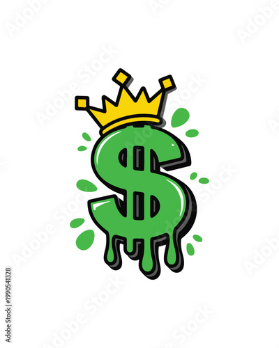 A vibrant illustration of a green dollar sign symbol wearing a golden crown with melting effects
