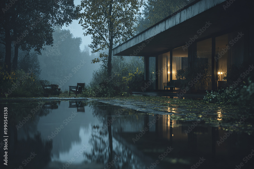 Fototapeta premium Modern house with large glass windows reflecting on calm water at dusk in misty forest setting with warm interior lights glowing softly