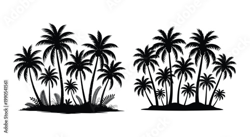 Tropical Palm Tree Grove Island Silhouette Set, Coconut Palm Tree Grove Island Silhouette, Tropical Island Palm Tree Silhouette Illustration, Lush Palm Grove and Minimal Island Silhouette