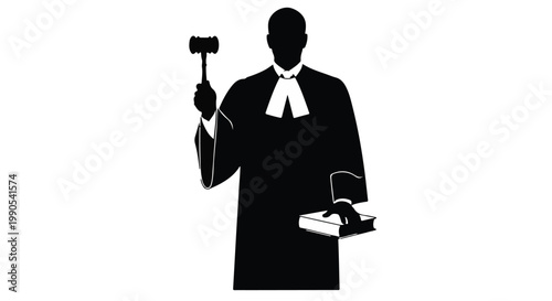 Judge lawyer holding gavel and law book in formal attire silhouette illustration for legal justice concept