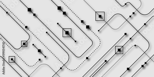 Minimalist Circuit Design with Lines and Dots on Light Background. Abstract background with technology circuit board texture. Modern electronic motherboard texture. Abstract geometric connect lines.