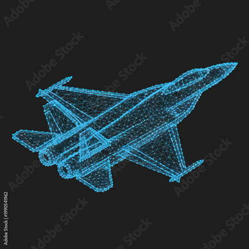 Blue Wireframe Fighter Jet Aircraft Model.