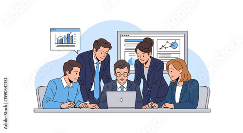 Team works together to analyze data at a meeting in an office during daytime