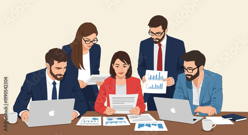 Group of coworkers discuss reports and charts during a meeting in a modern office, focused on data and presentations to improve work outcomes