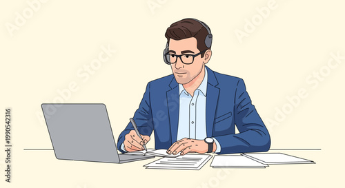 Man working on a laptop while taking notes in a home office setting during daytime hours