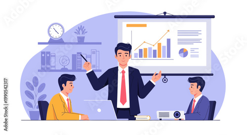 Business meeting takes place in an office setting with a presentation being given on a projector screen