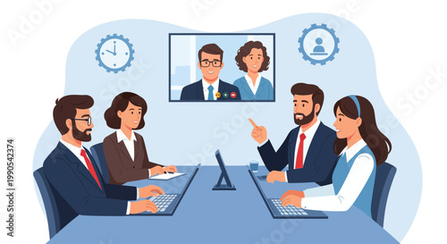 Team members hold a video call while discussing tasks and projects in an office setting during working hours