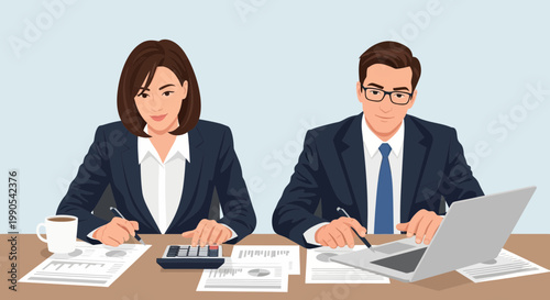 Business professionals working together at a desk with documents and a laptop during a typical office day