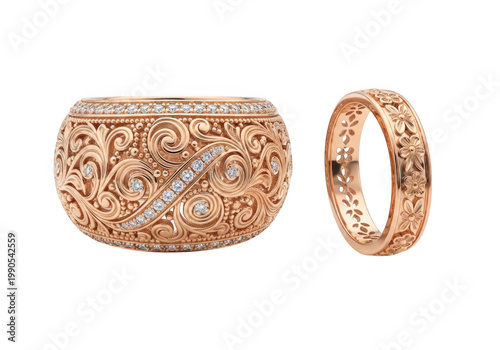 A pair of rose gold wedding bands with diamond details