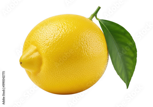 A yellow lemon with a green leaf