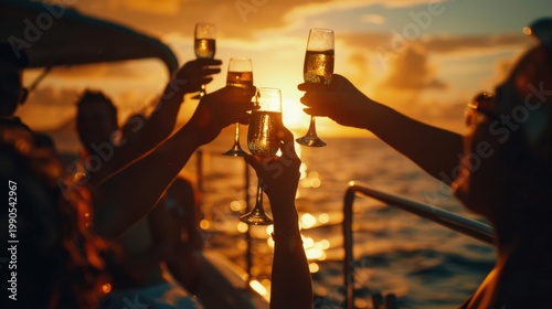Group of friends making a champagne toast on a luxury yacht during a beautiful golden sunset, celebrating a special occasion with joy and happiness.