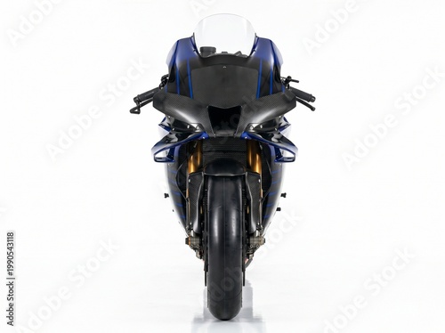 Front View of Professional Track Racing Motorcycle with Carbon Fiber on White