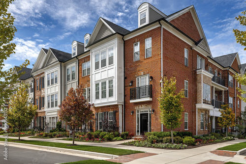 Modern brick apartment building exterior with landscaped garden and trees under blue sky in residential neighborhood