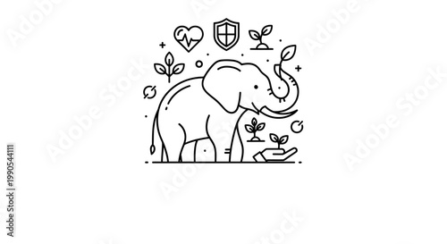Minimalist line art illustration of an elephant with nature and health symbols.