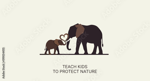 Illustration of mother elephant and calf forming a heart shape with trunks.