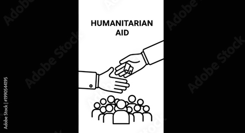 Line art illustration of hands giving humanitarian aid to a group of people.