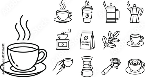 A collection of hand drawn coffee related items including cups pots beans and accessories in a simple black and white style