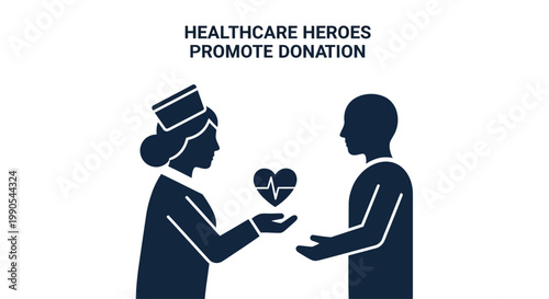 Nurse giving heart icon to patient for organ donation promotion.