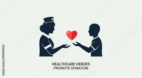 Silhouette of a nurse and a child sharing a heart symbol for healthcare donation awareness.