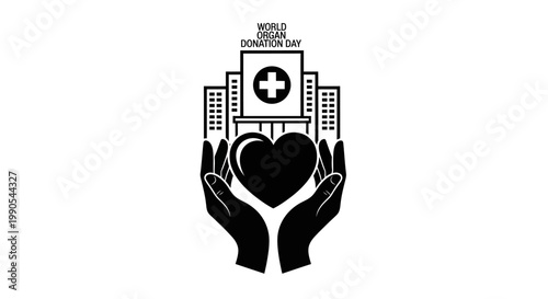 World Organ Donation Day concept with heart held by hands in front of hospital.