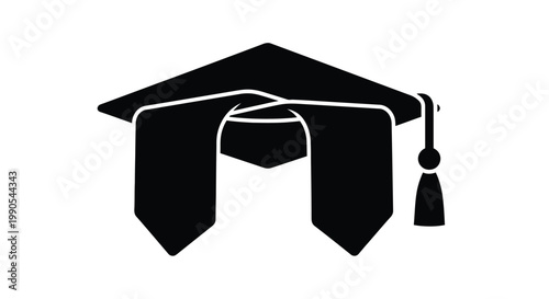 Black graduation cap and gown silhouette on transparent background