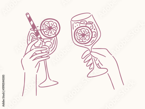 Minimal line art hands holding citrus cocktails, cheers toast illustration in modern aesthetic style