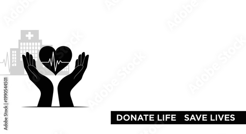 Hands holding heart with heartbeat and hospital building.