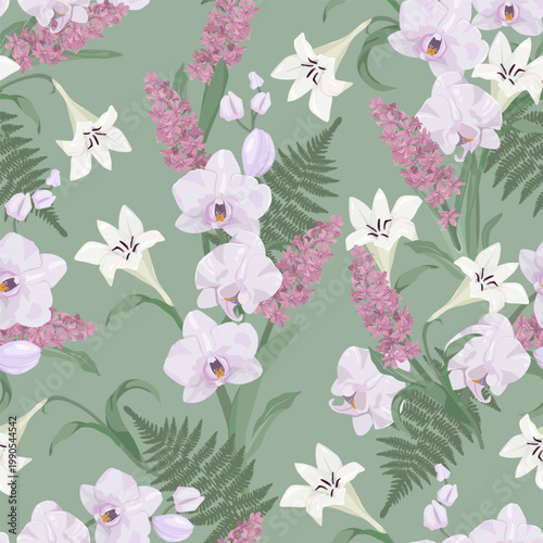 Fotografía Delicate orchids, lilies, and hyacinth are showcased in this seamless vector illustration