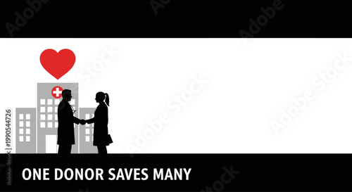 Two Silhouettes Shaking Hands in Front of Hospital Building.