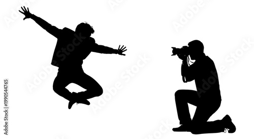 Silhouette of a photographer capturing a dynamic jump.