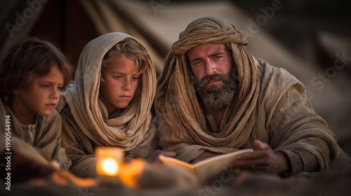Fathers teach their children by lamplight at dusk, passing on the commandments in a quiet moment of faith, family, and living tradition.
