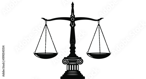 Black silhouette of balance scales on column base, symbolizing justice, equality, and fairness in law and business