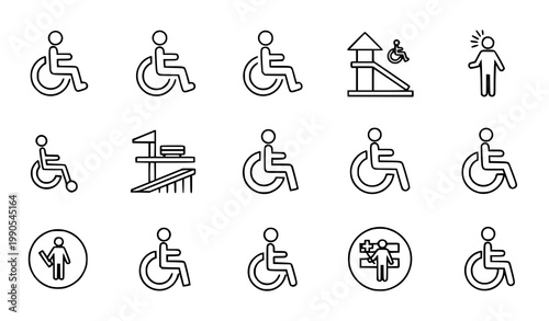 Wheelchair accessibility icons set vector thin line manual electric wheelchair ramp lift pictograms isolated white background