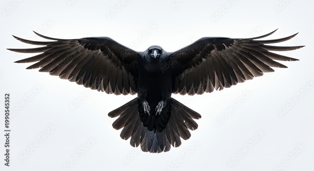 Fototapeta premium Majestic Black Raven in Full Flight Wings Wide Against Clear White Sky