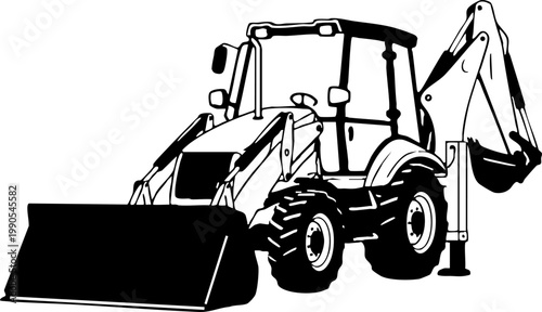 Black and white backhoe loader illustration on white background