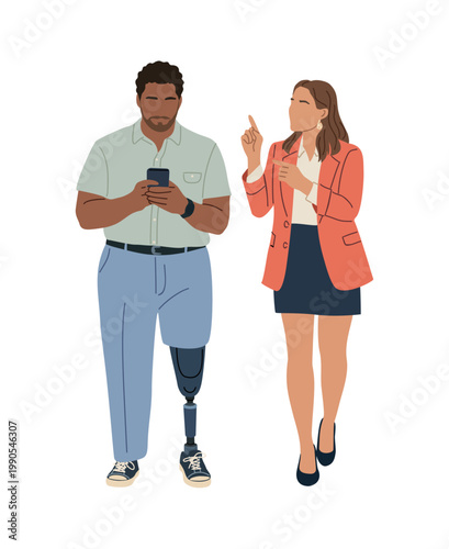 Man with prosthetic leg holds phone. Woman beside him gestures thoughtfully. They stand close, engaged in conversation. Illustration depicts modern, inclusive communication