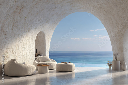Cozy architectural interior design with curved arch opening to ocean view, featuring soft beige bean bag chairs and minimalist decor creating serene and inviting atmosphere
