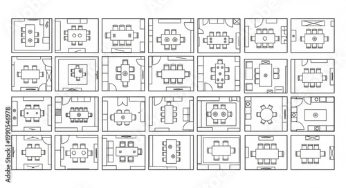 Collection of Architectural Floor Plans Showing Dining Room Layouts.