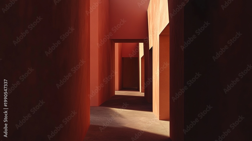 Fototapeta premium narrowing. Abstract architectural passage with distorted walls narrowing toward a distant light source, creating dramatic shadows. real-estate listings.