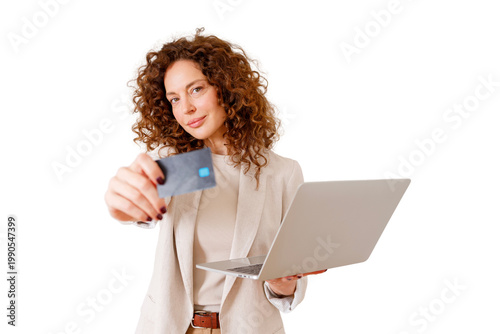 Photos Woman offering credit card, holding laptop, engaging in online shopping and secu