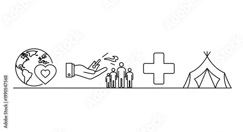 Line Art Icons Representing Humanitarian Aid Global Support and Relief Efforts.